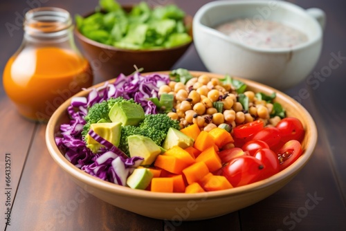 a vegan salad with colorful vegetables and small bowl of dressing