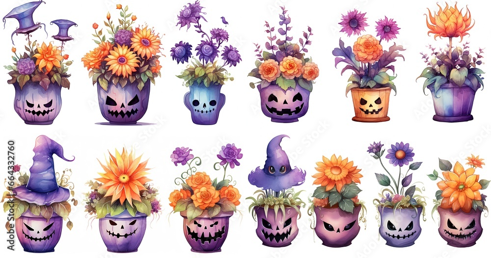 watercolor style illustration , Halloween pot plant isolated on white background, purple orange color collection set, Generative Ai
