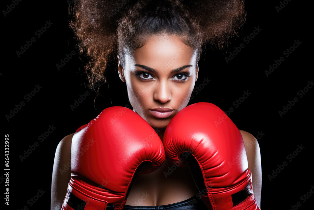 Portrait of a confident athlete woman posing in red boxing gloves isolated over black background. Concentrated face portrait. Portrait of a confident athlete woman posing in red boxing gloves isolated over black background. Concentrated face portrait.