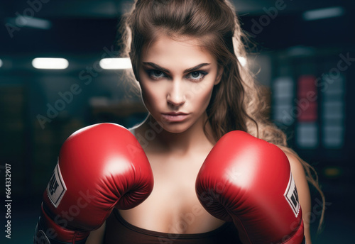 Portrait of a confident athlete woman posing in red boxing gloves. Concentrated face portrait. 