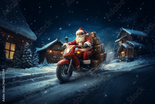 illustration of Santa who drives fast in motorcycle full of gifts on winter road. delivery, sale