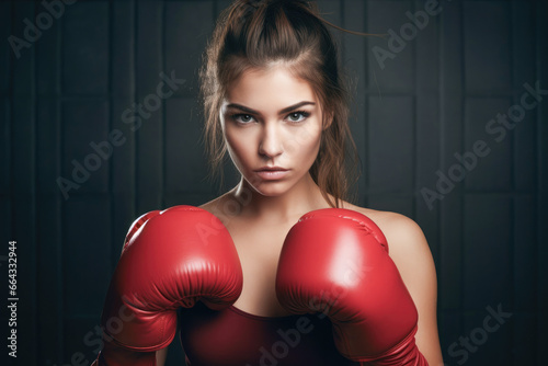 Portrait of a confident athlete woman posing in red boxing gloves isolated over black background. Concentrated face portrait.  © Victor