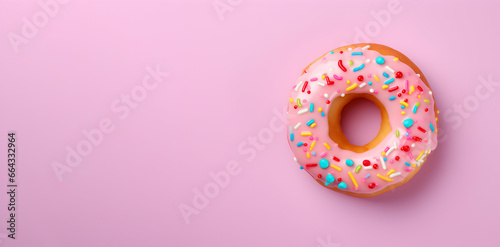 Pink donut with sprinkles on pink background. Barbiecore style
