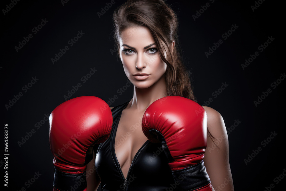 Portrait of a confident athlete woman posing in red boxing gloves isolated over black background. Concentrated face portrait. Portrait of a confident athlete woman posing in red boxing gloves isolated over black background. Concentrated face portrait.