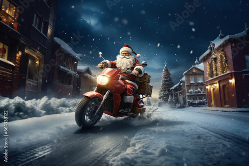 illustration of Santa who drives fast in motorcycle full of gifts on winter town. delivery, sale