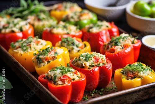 stuffed bell peppers decorated with fresh herbs on a tray