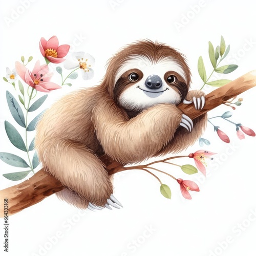 Watercolor cute sloth on a tree branch with flowers