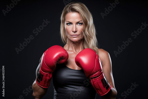 Portrait of a confident athlete woman posing in red boxing gloves isolated over black background. Concentrated face portrait. 