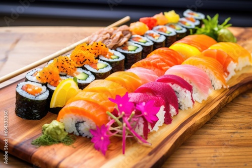 brightly colored sushi on a wooden board