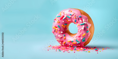 Pink donut with sprinkles on blue background