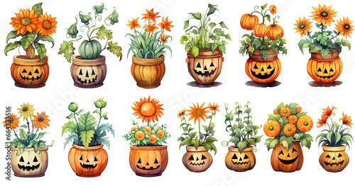 watercolor style illustration , Halloween pot plant isolated on white background, collection set, Generative Ai