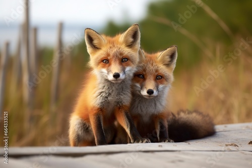 Wild baby red foxes cuddling at the beach. © FurkanAli