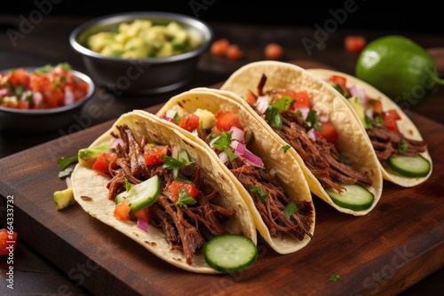 tacos with barbacoa meat, garnished with cucumbers