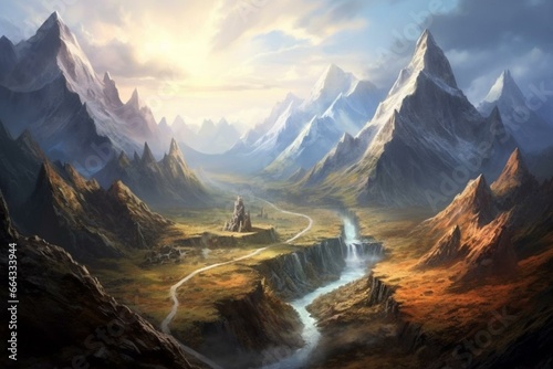 A breathtaking artwork showing a winding road leading through majestic mountains. Generative AI