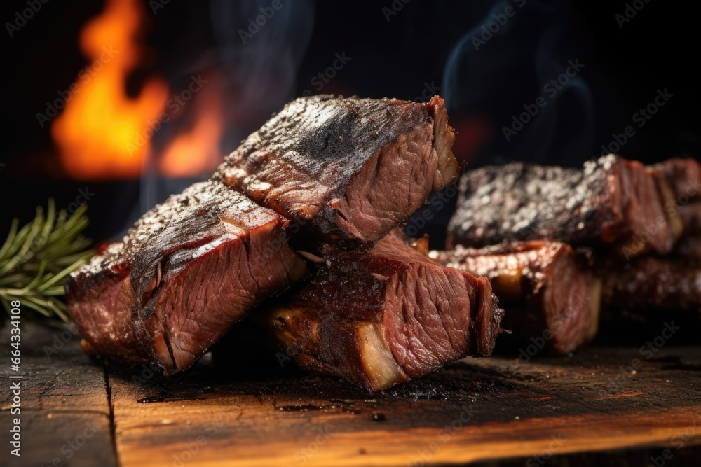 Obraz premium bbq beef ribs up close with smoky background