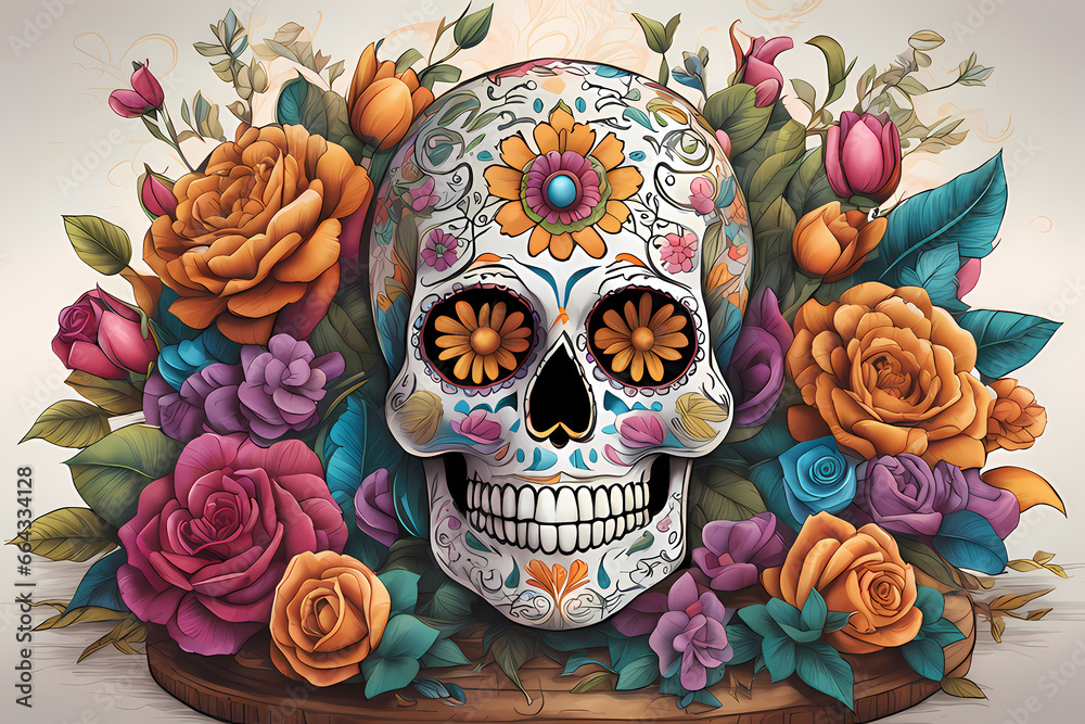 Day of the death skull and roses illustration ai generative art