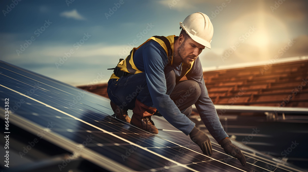 Solar power engineer installing solar panels, on the roof, electrical technician at work, alternative renewable green energy generation concept Solar power engineer installing solar panels, on the roof, electrical technician at work, alternative renewable green energy generation concept