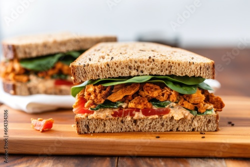 meatless tempeh sandwich on whole grain bread