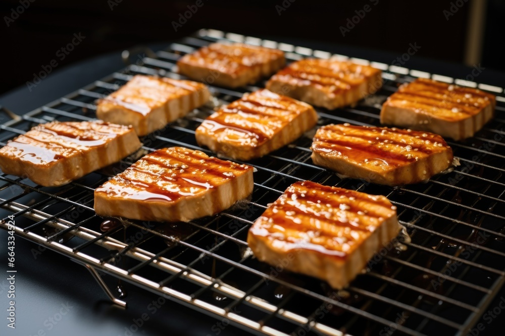 tofu steaks drying on a rack, brushed with teriyaki tofu steaks drying on a rack, brushed with teriyaki