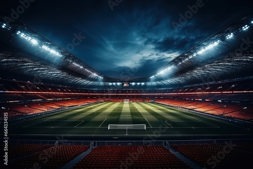 An empty stadium for playing football, soccer in the open air in the bright rays of floodlights. Dark sky with clouds over the stadium. Sports competition concept. © Vovmar