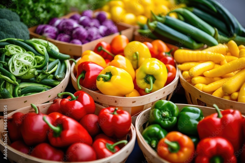 baskets of colorful fresh fruits and vegetables baskets of colorful fresh fruits and vegetables