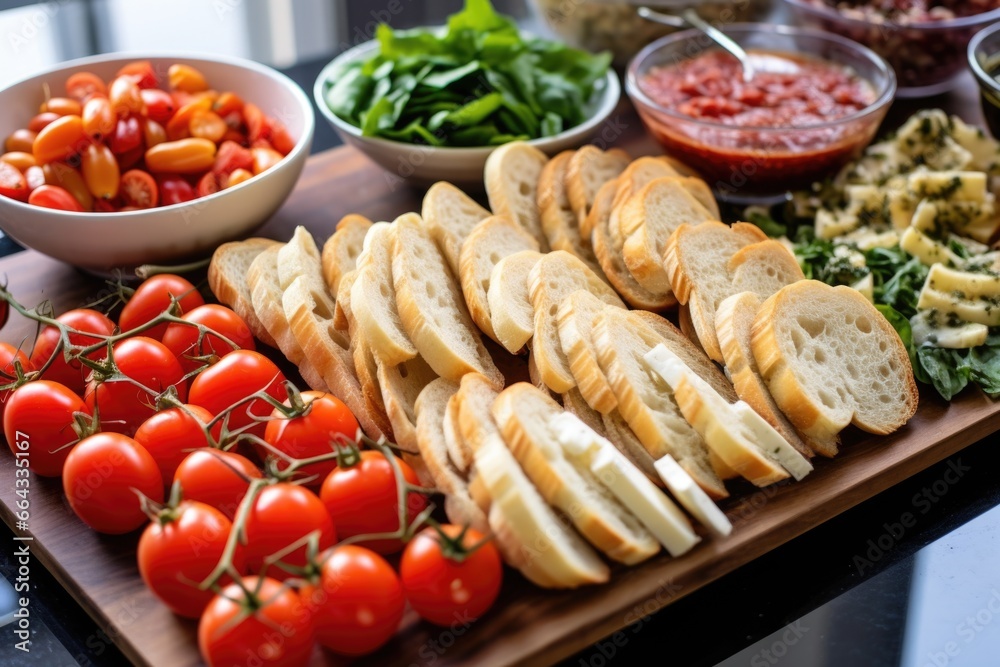 baguette slices arranged on tray, ready for bruschetta toppings baguette slices arranged on tray, ready for bruschetta toppings