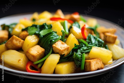 detail of tofu and pineapple stir-fry dish
