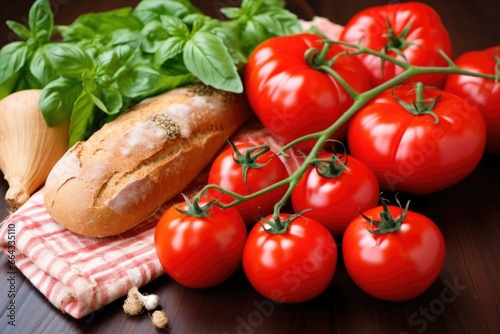 ripe, bright red tomatoes and bundle of fresh basil next to bruschetta © altitudevisual