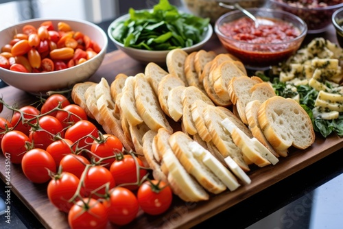 baguette slices arranged on tray, ready for bruschetta toppings