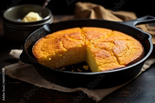 traditional cornbread in a cast iron skillet photo