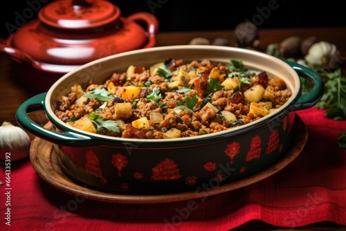 stuffing served in a red ceramic dish