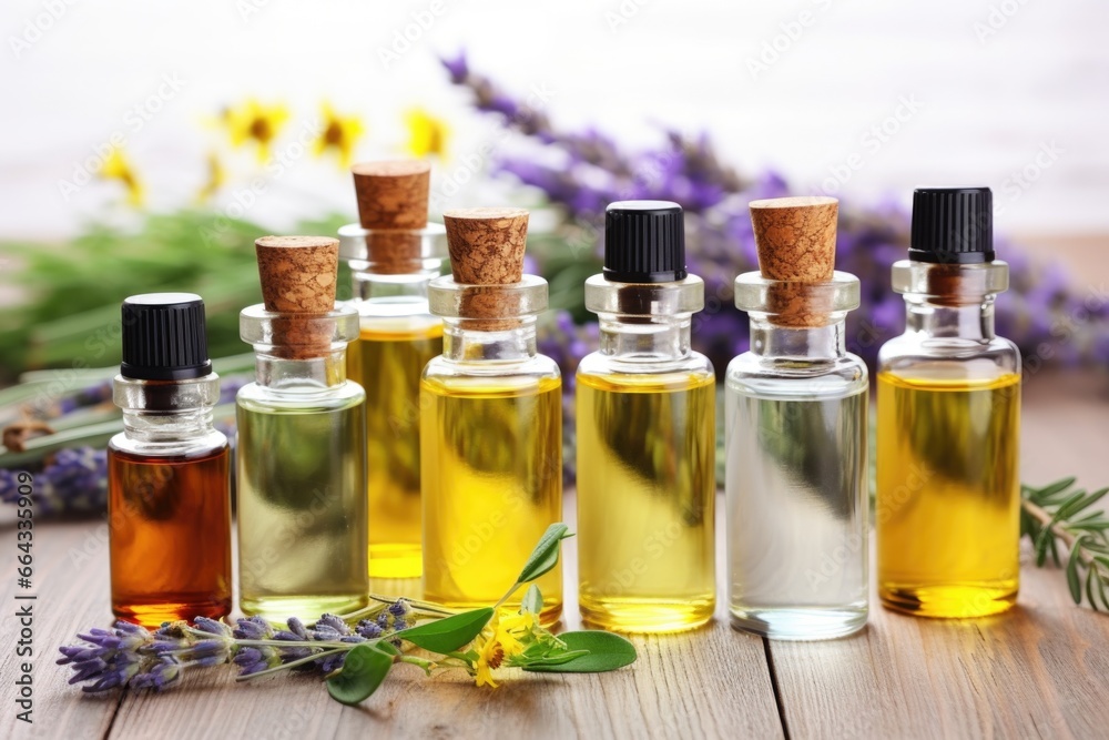 variety of essential oils in clear glass bottles variety of essential oils in clear glass bottles