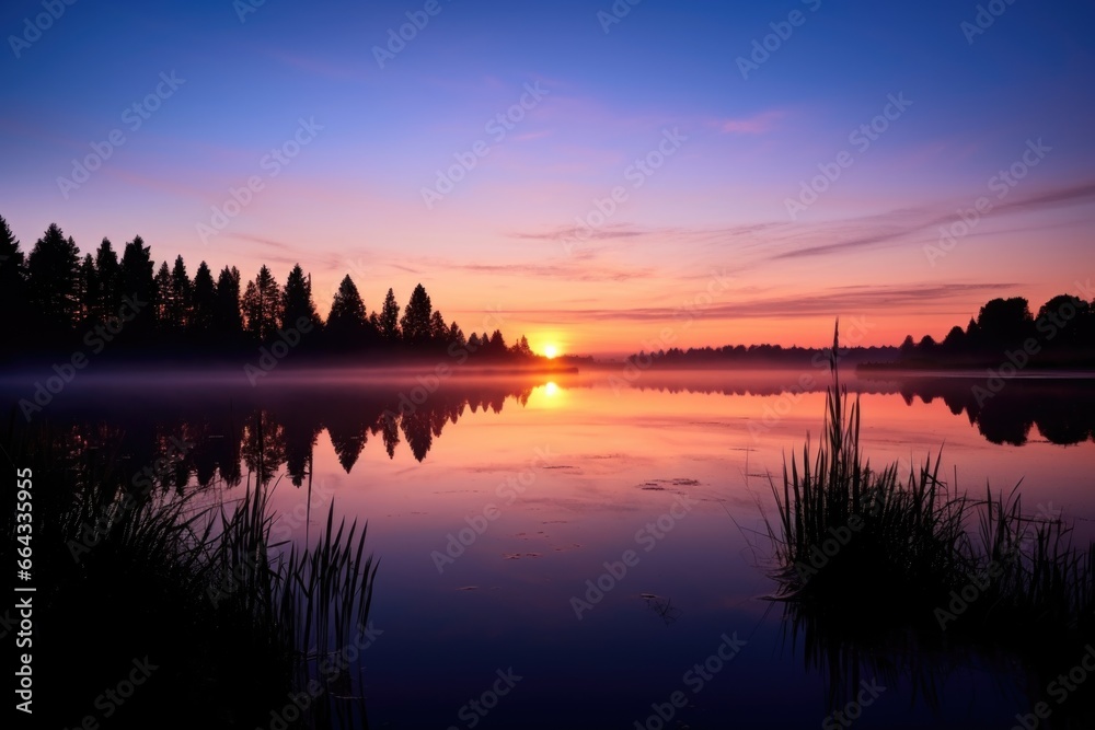 a sunrise view from the edge of a serene lake