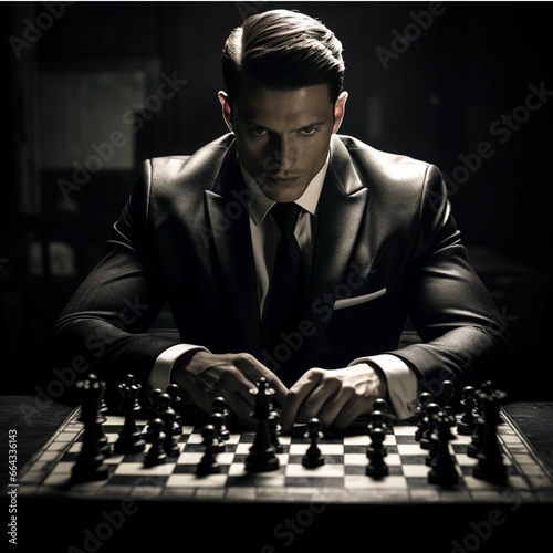 Handsome man playing chess in the dark room. Black and white photo.