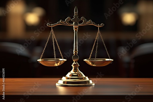 Balancing justice. Scales of legal system. Gavel of truth. Courtroom with wooden table. Liberty and equality. Law and symbolism