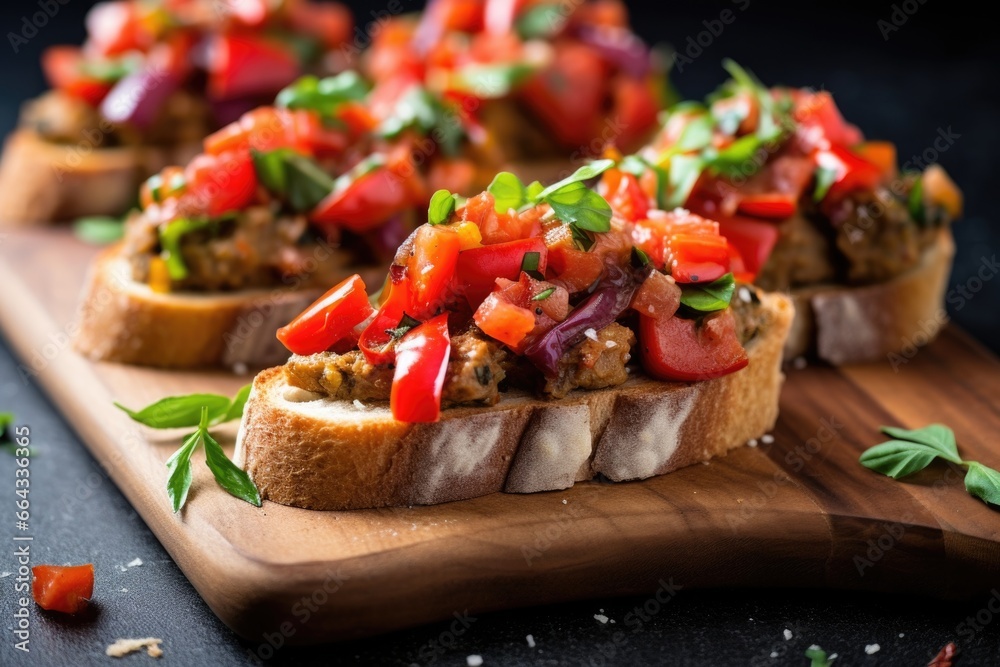 bruschetta pieces topped with spicy vegan sausage and peppers bruschetta pieces topped with spicy vegan sausage and peppers