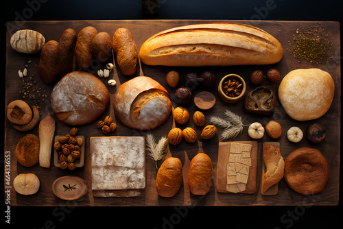 Assortment of freshly baked bread on wooden board, nuts, spices.