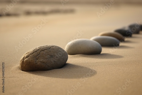 Smooth rocks aligned on sand. Generative AI