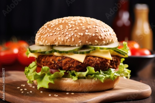 vegan cheese burger with lettuce and tomato