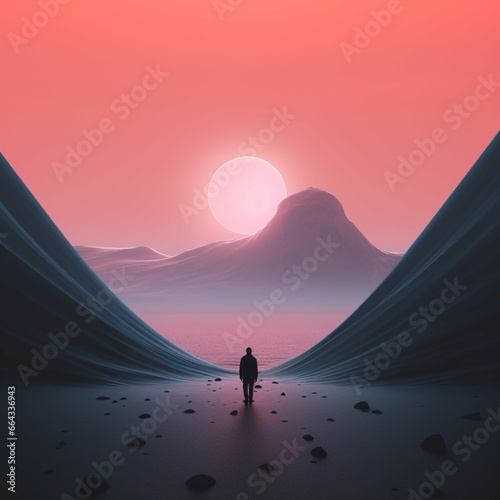 Fantasy landscape with a railway track leading to the horizon. 3d rendering