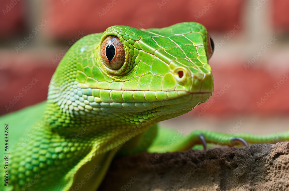 Green lizard close-up on a red brick wall background Green lizard close-up on a red brick wall background