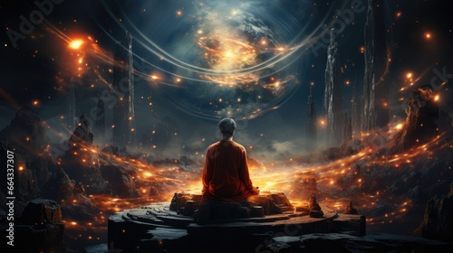The meditation scene encompasses chakras, prana, and the transcendent mind of God, creating a spiritual ambiance.