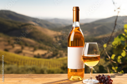 Orange wine bottle with a blank white label on a background of blurred vineyard on the hills