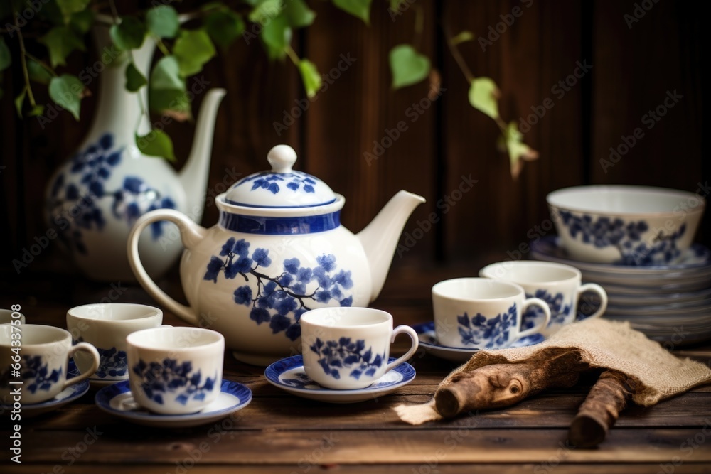 shot of a porcelain tea set on a rustic wooden table shot of a porcelain tea set on a rustic wooden table