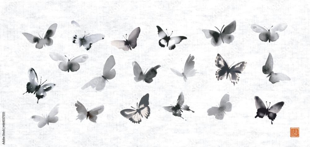 Fototapeta premium Ink wash painting of butterflies in japanese sumi-e style on on rice paper background. Translation of hieroglyph - double luck