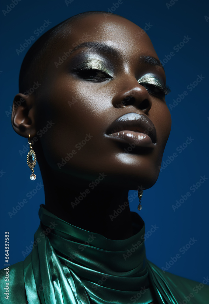 Portrait of a model with great makeup and dark background. A young African in attitude poses contrasting colors.