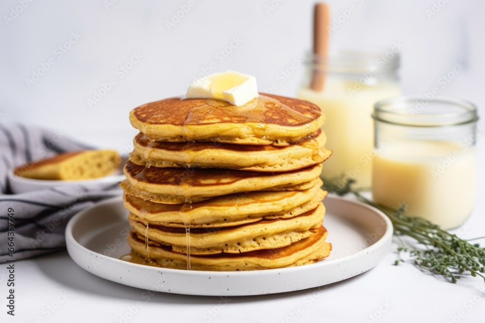 vegan buttermilk pancakes with a side of vegan butter