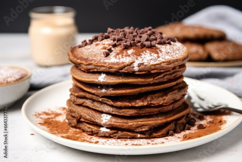 vegan protein pancakes with a dusting of cocoa powder