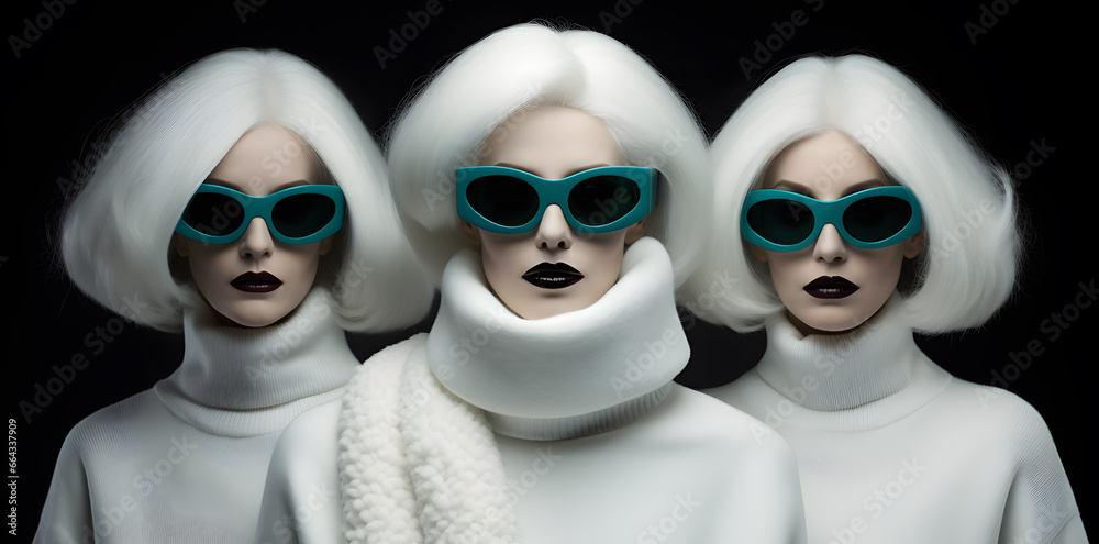 Fototapeta premium Three women in sunglasses, surreal fashion photo