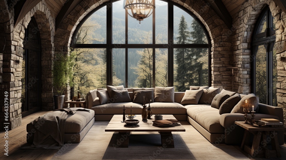 A rustic interior design of a modern living room with stone cladding walls features a beige sofa against an arched window